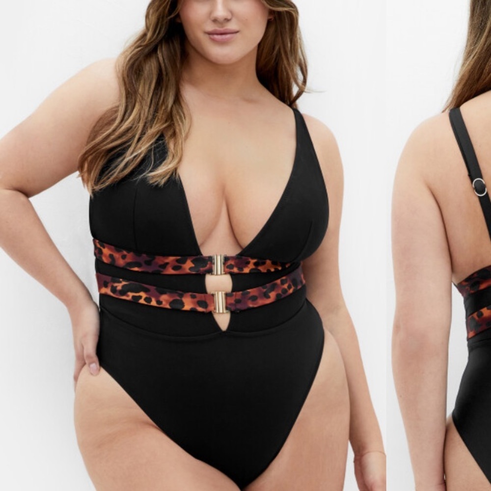 City Chic Fox & Royal Vibeka one piece swimsuit black leopard US 18